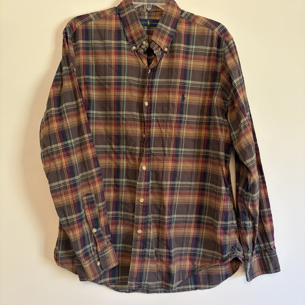 Polo Ralph Lauren Large Button Up Long Sleeve Shirt Brown Neutrals Plaid READ